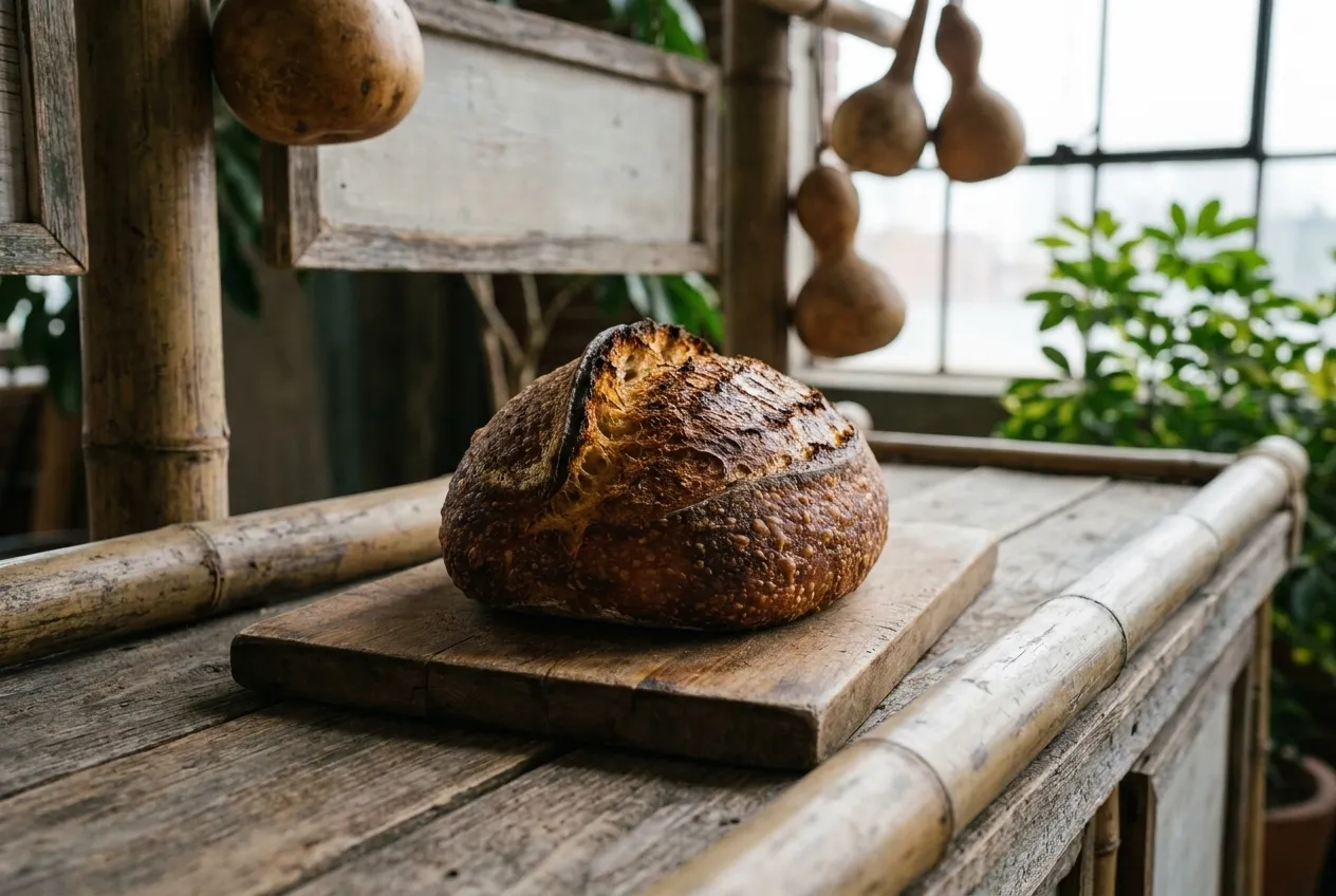 A round sourdough loaf with a deeply blistered dark crust and a slashed ear, photographed close on a wooden board