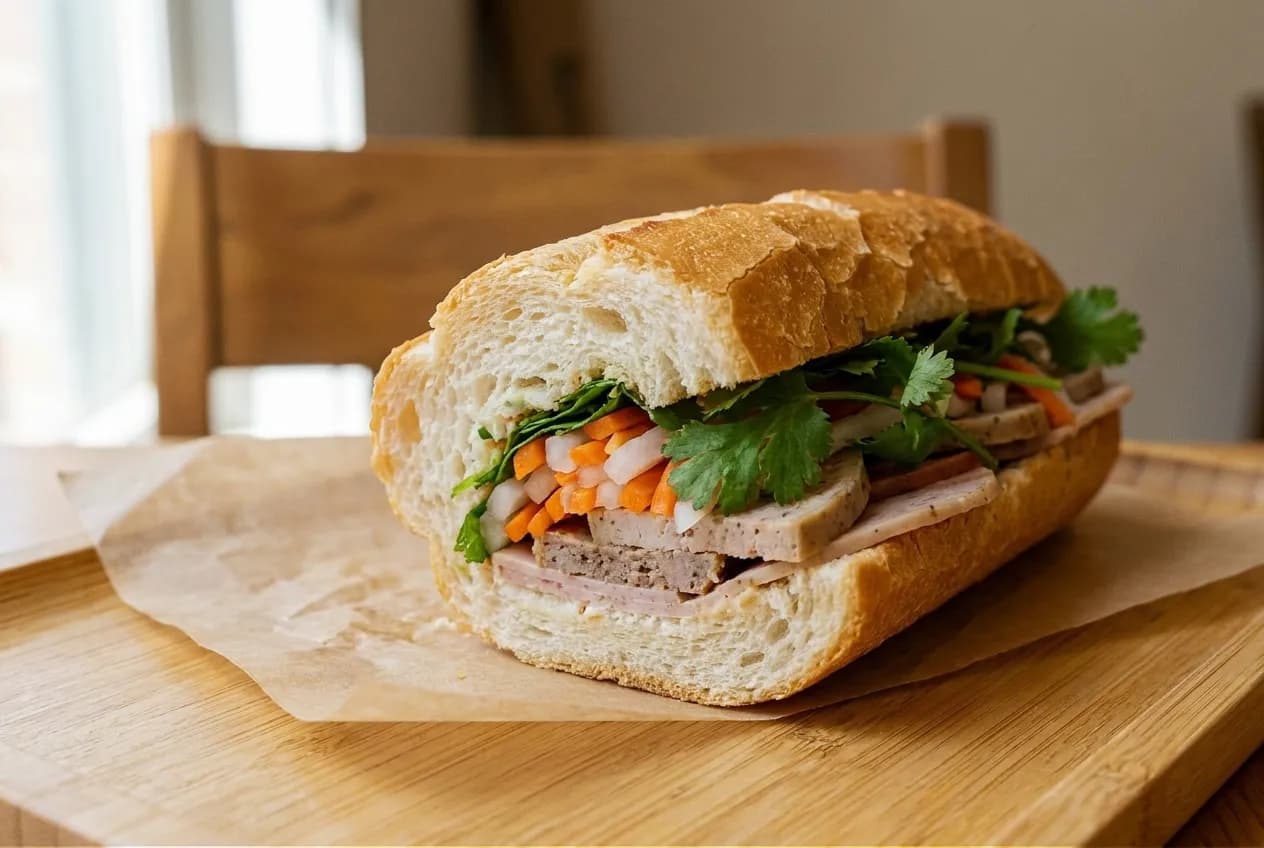 A crusty baguette sandwich cut on the diagonal showing pickled carrot, coriander and sliced meat, resting on waxed paper