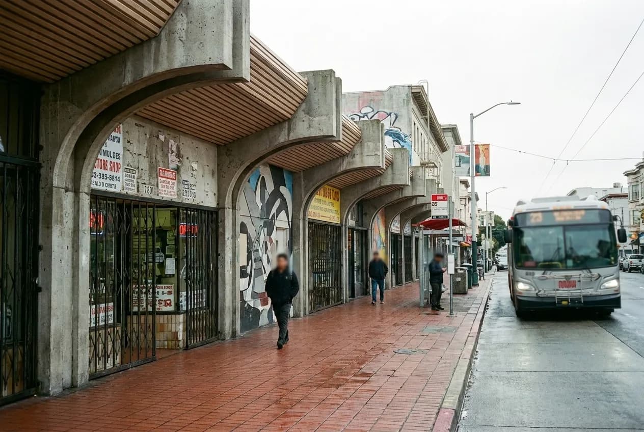 Low-rise storefronts and awnings along a Mission District street in San Francisco under flat afternoon light