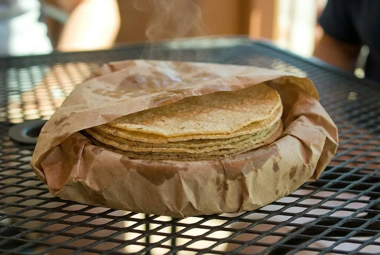 A stack of warm fresh corn tortillas wrapped in paper on a plain counter