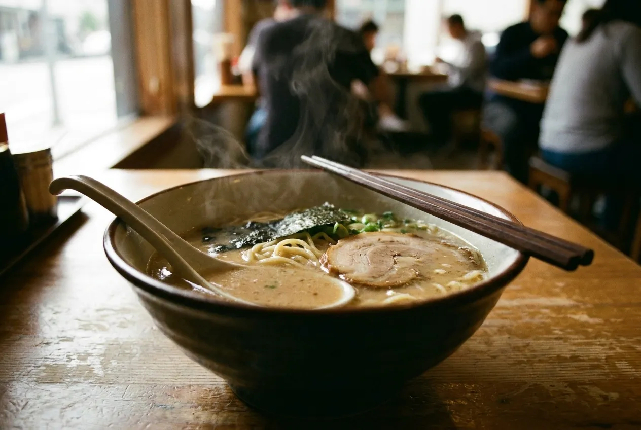 A deep bowl of noodle soup with steam rising, chopsticks resting across the rim and a spoon half-submerged in the broth