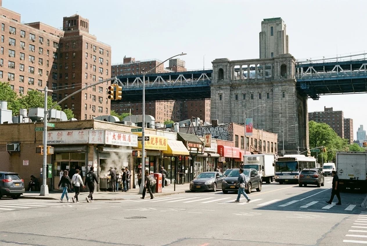 Essex Street at Grand Street with pedestrians and Manhattan Bridge in the background during lunch hour
