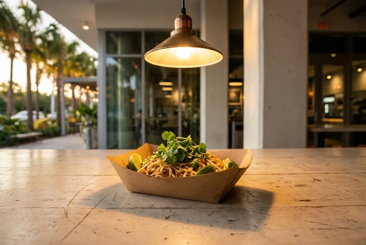 Close-up of a single take-out container filled with noodles and garnish on a polished communal table under warm overhead lighting
