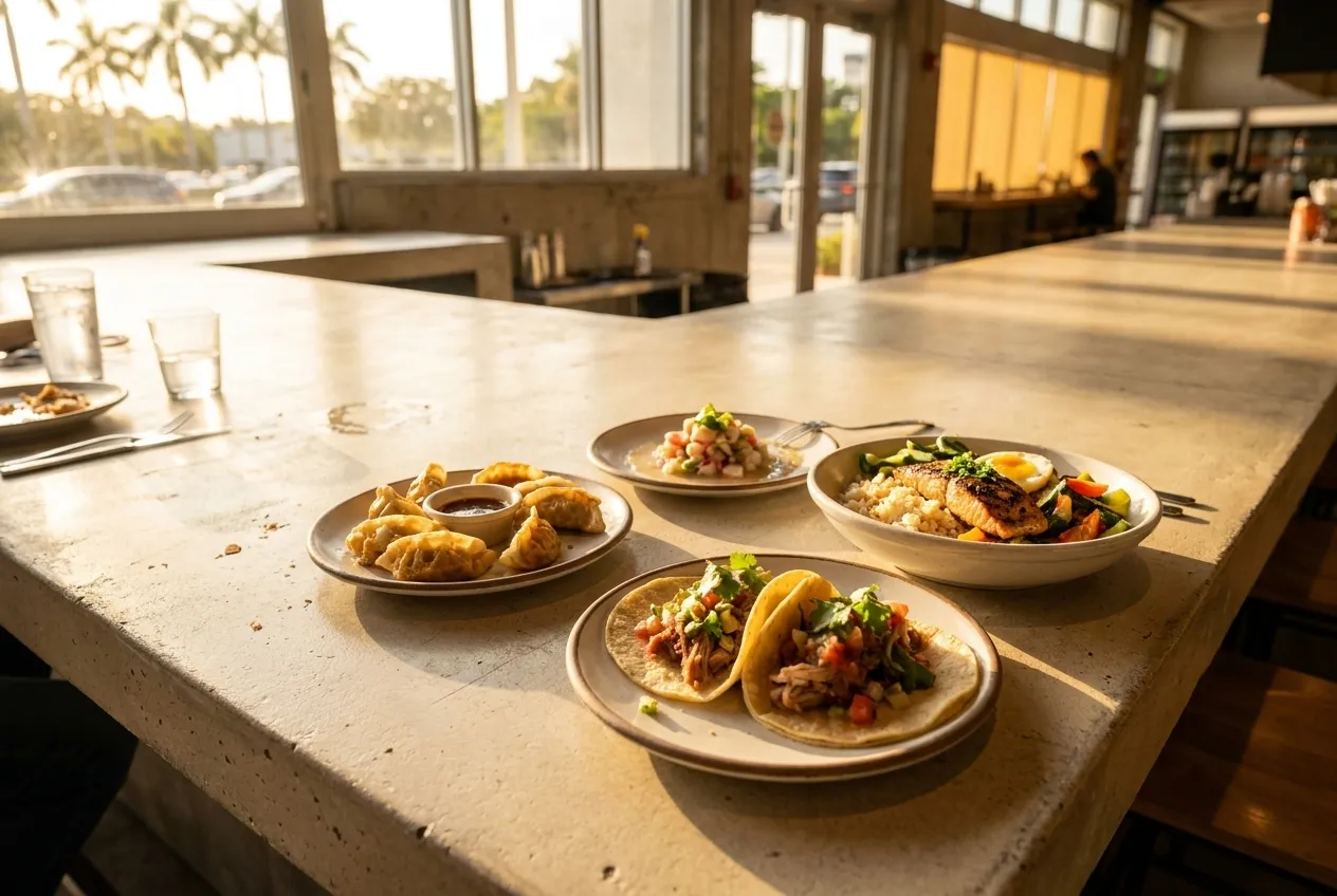 Overhead view of multiple small plates and bowls on a shared counter inside a brightly lit Miami food hall at dusk