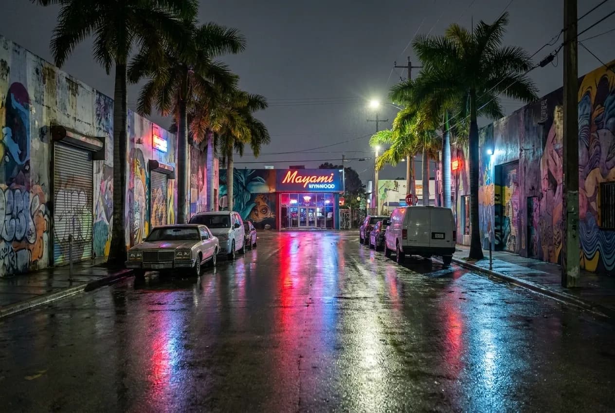 Neon-lit Wynwood murals and palm trees lining an empty street at three in the morning, with a single illuminated restaurant entrance glowing in the background.