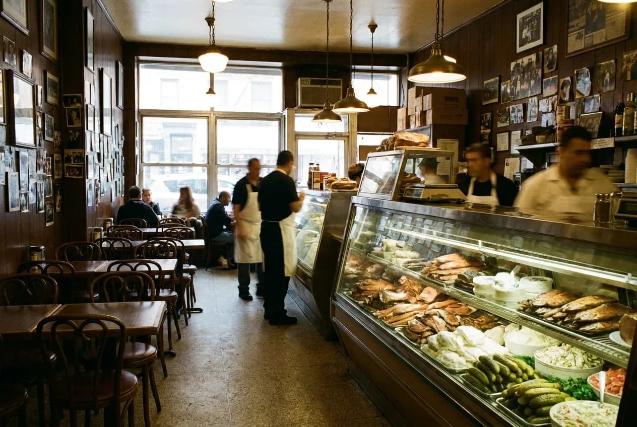 Narrow deli counter stacked with smoked fish under glass, formica tables packed close together, wood-paneled walls covered in framed black-and-white photographs under fluorescent light.