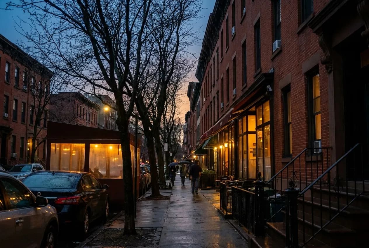 Brick townhouses line a quiet Carroll Gardens street at dusk, restaurant windows glowing warm orange beneath bare tree branches and parked cars along the curb.