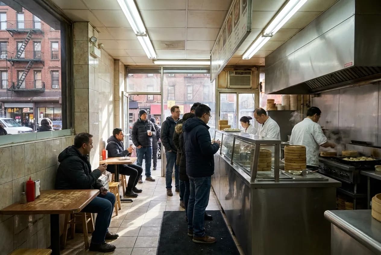 Bright steam-table counter inside a small East Village deli, metal pans of curry visible under fluorescent lights and packaged goods on shelves.