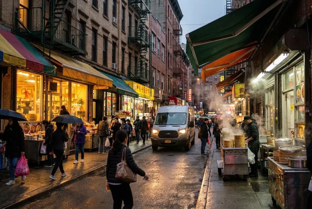 Narrow Chinatown street lined with brick tenements, fire escapes, and storefront awnings under late-afternoon sunlight and pedestrian traffic.