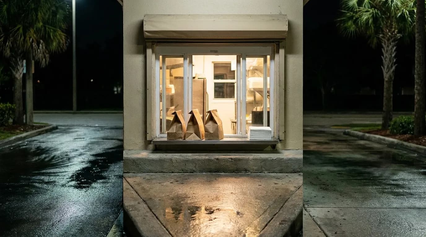 A lit takeaway window at night with paper bags lined up on the ledge and an empty pavement
