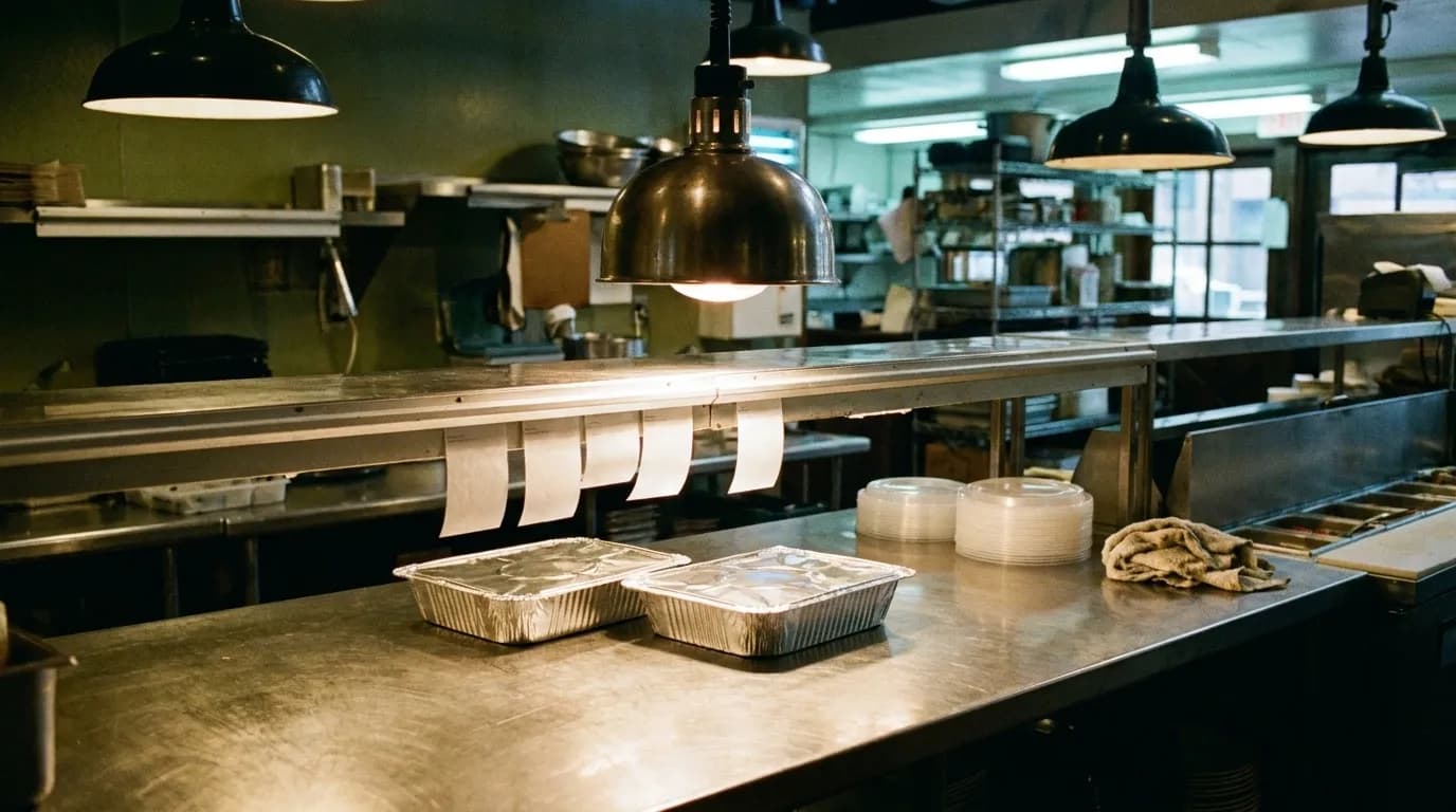 A restaurant pass under heat lamps with two packed containers waiting and a docket rail above