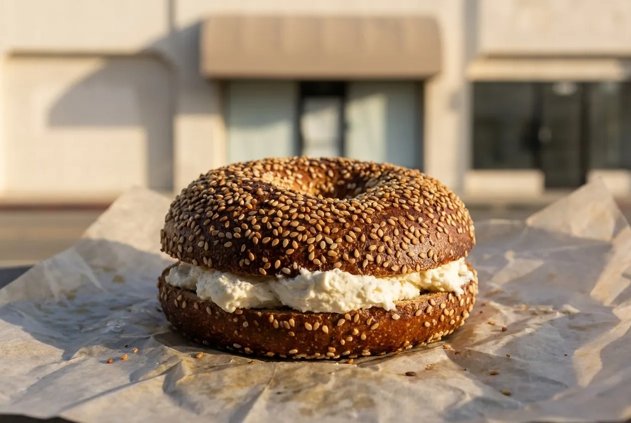 A dark-crusted sesame bagel split and filled with cream cheese on parchment
