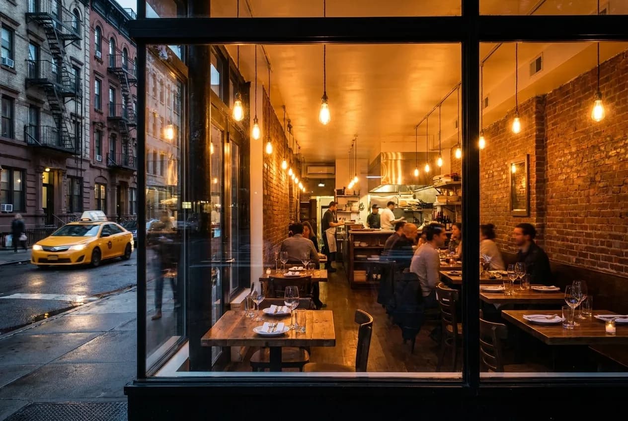 Warm-lit Italian trattoria dining room with rustic wood tables and intimate corner seating in a West Village storefront