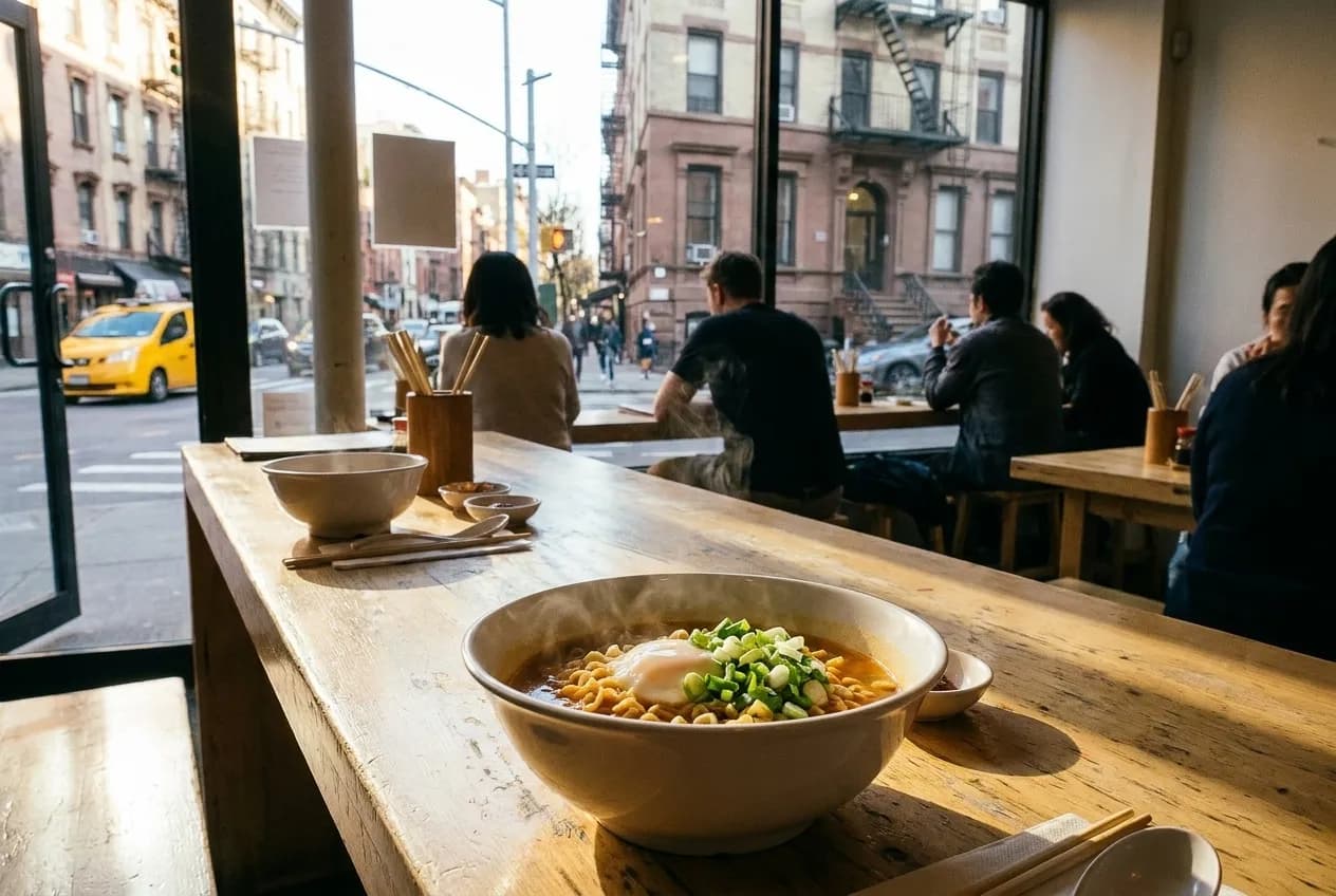 Close view of a Korean ramyun bowl with soft-boiled egg and garnishes at a minimalist counter with kitchen in background