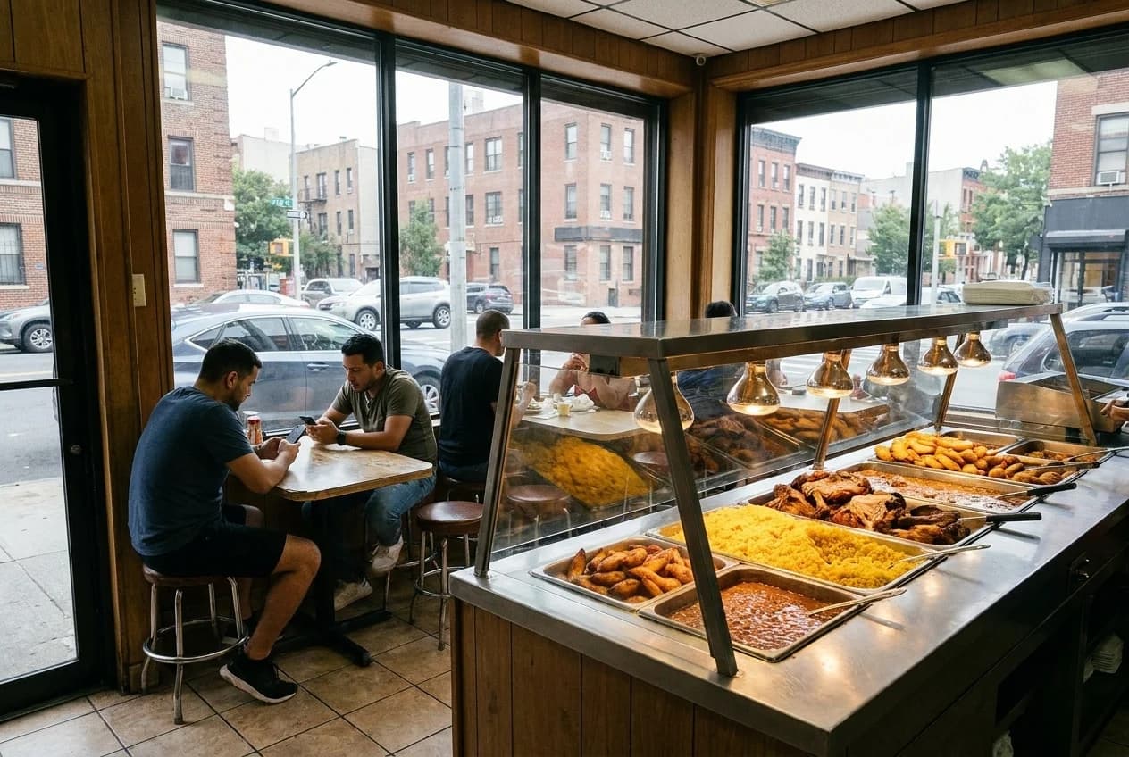 Steam trays at a Puerto Rican lunch counter in Williamsburg showing rice, beans, pork and plantains