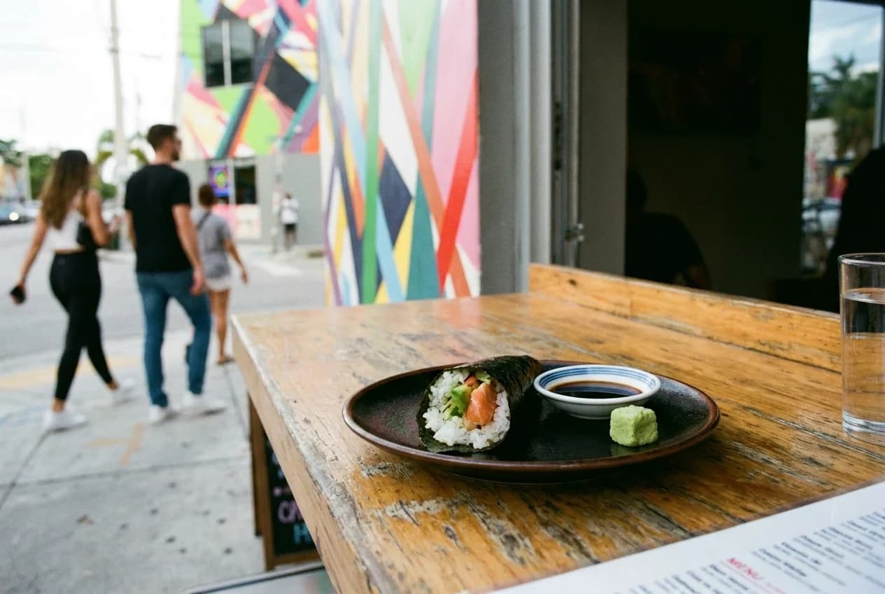 Fresh handroll on black plate with soy sauce and wasabi cube on wooden counter