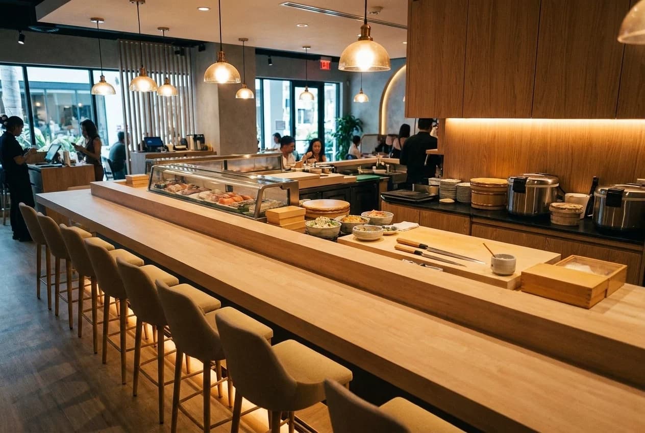 Empty sushi counter with wooden bar stools facing chef prep station in Wynwood restaurant
