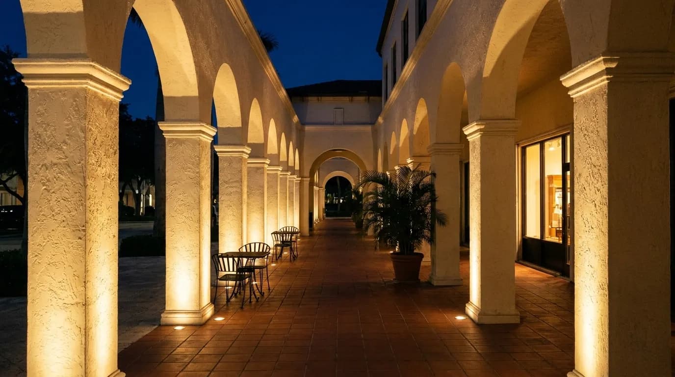 A colonnaded shopfront walkway at night with lit arches and empty pavement tables