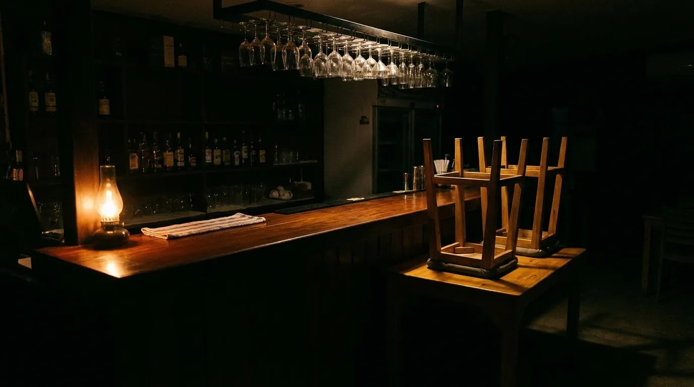 A bar counter at closing with upturned stools on tables and one lamp still lit