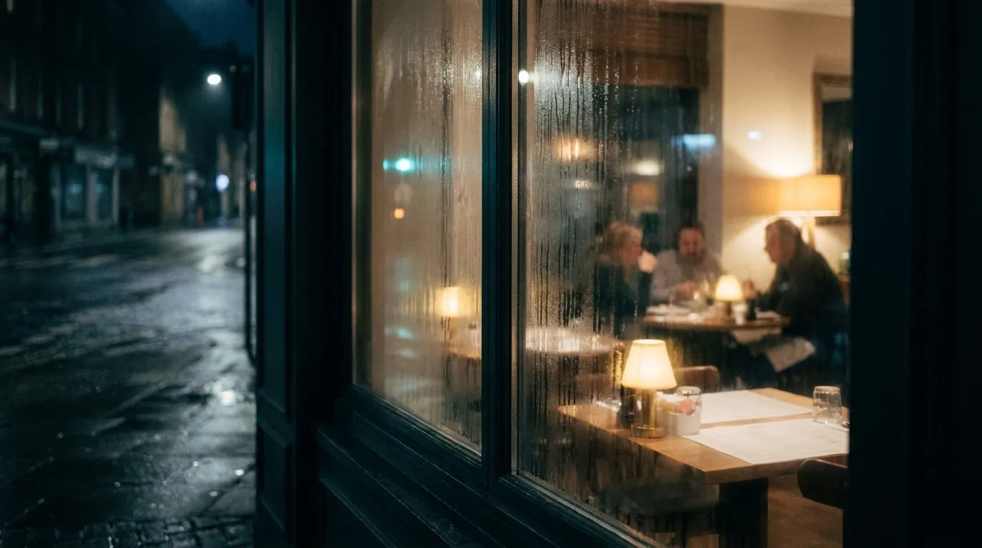 A close view of a lit restaurant window at night with condensation on the glass, a few occupied tables visible inside and the reflection of an empty street across the pane