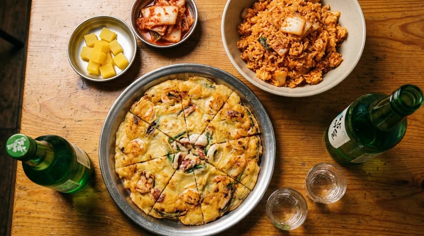 A cast-iron pan of Korean fried chicken and a golden seafood pancake on a worn wooden table, small steel side dishes of kimchi and pickled radish beside a green bottle and two short glasses