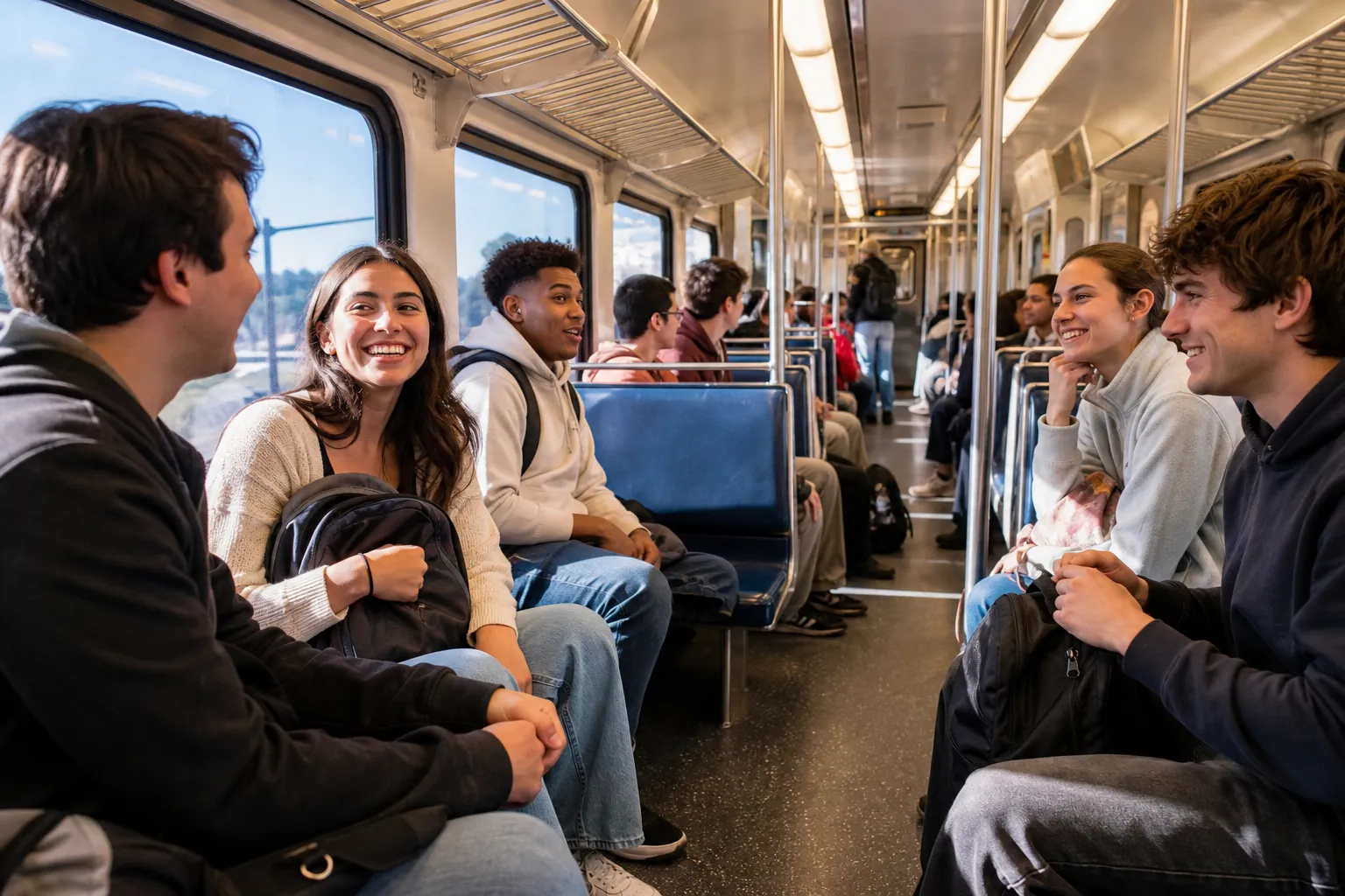 Fordham commute comparison inside a bright train car
