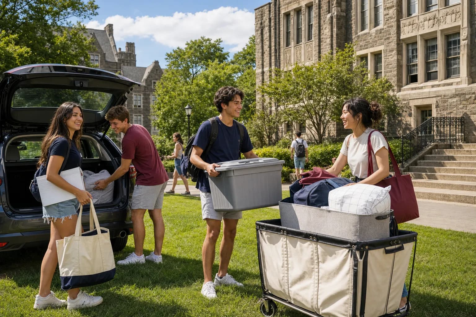Rose Hill move-in with campus green and luggage carts