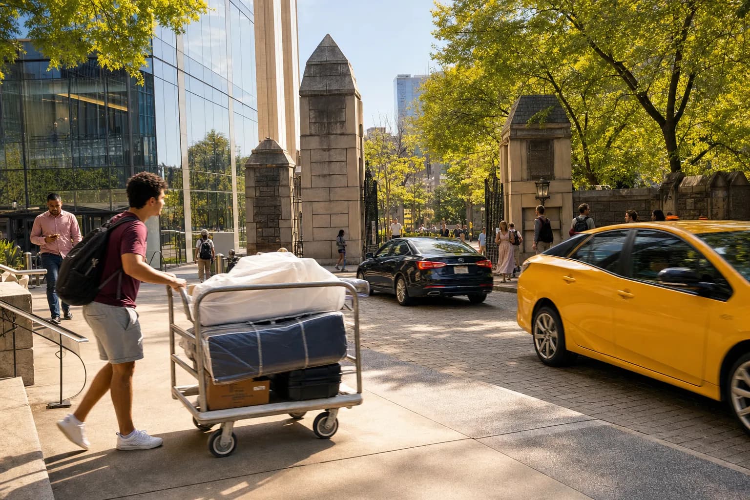 Fordham Lincoln Center move-in car near bright city plaza