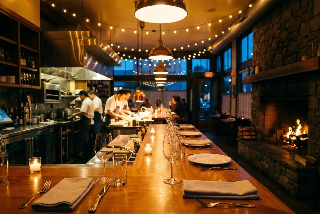 Warm restaurant counter seating with open kitchen and fireplace in the background during dinner service.