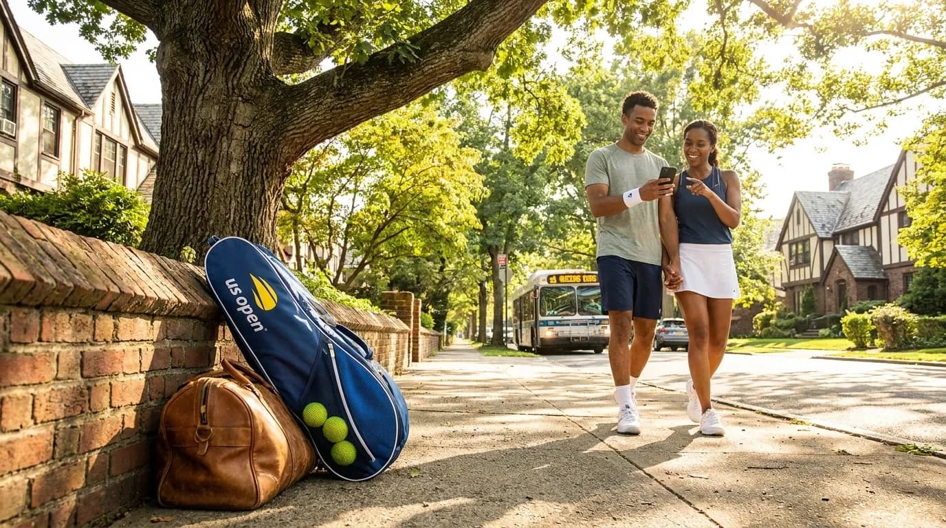 Bright editorial scene supporting Forest Hills Tennis History Trip Before the US Open.