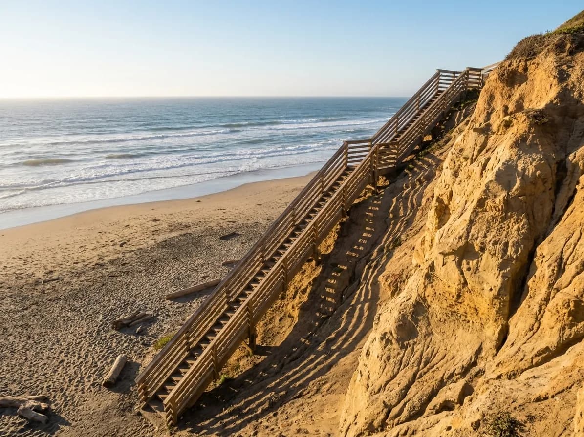 Wooden staircase descending steep sandstone cliff at Fort Funston with Pacific Ocean waves below