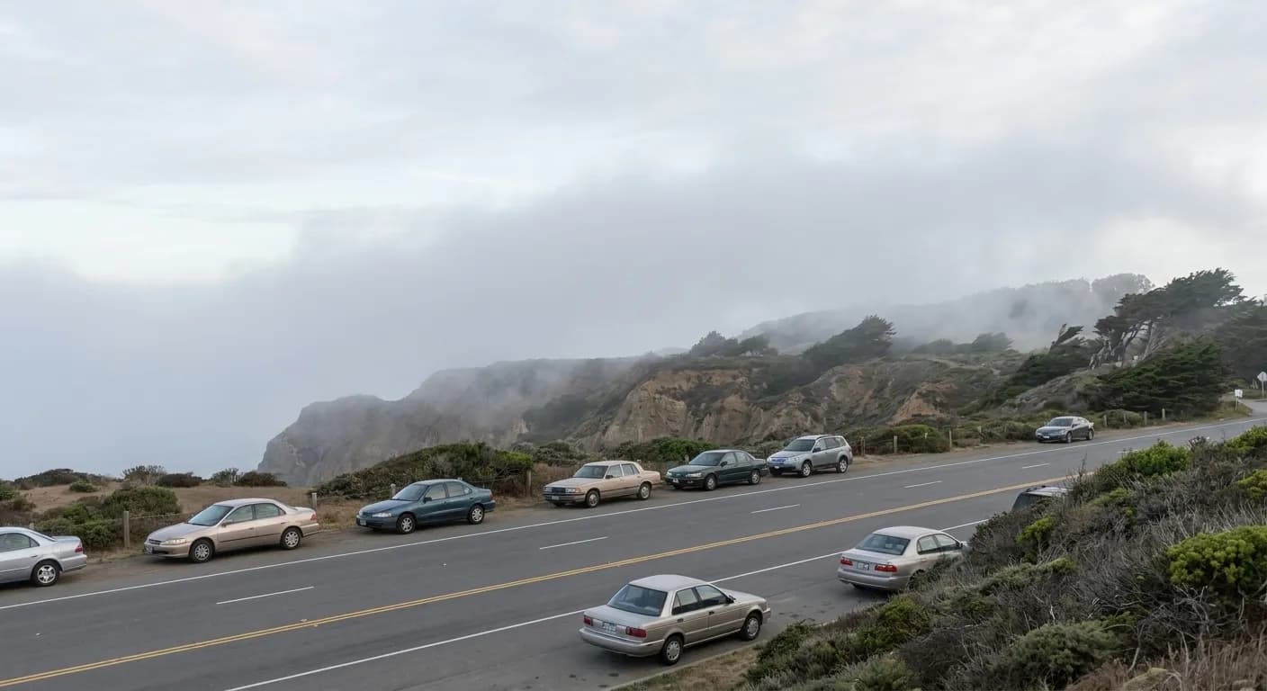 Cars parked along Skyline Boulevard near Fort Funston entrance with coastal fog rolling over cliffs