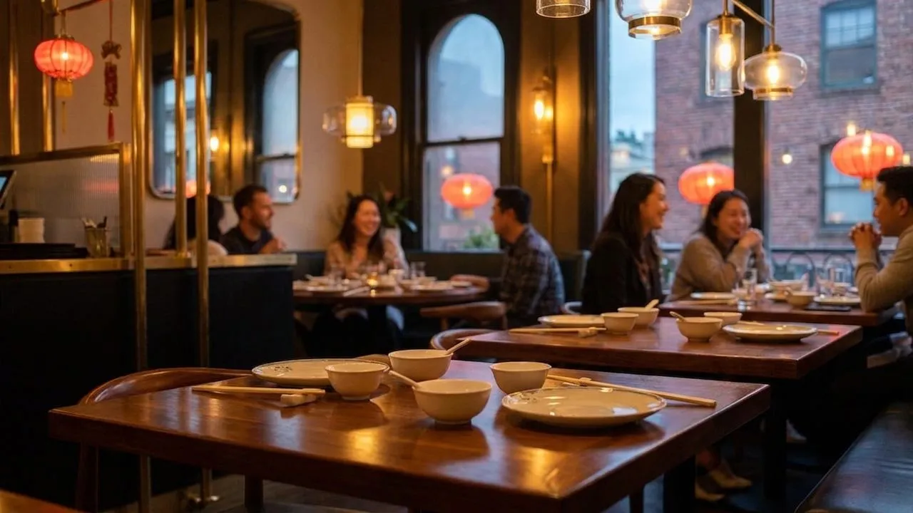 Elegant Chinatown dining room with plated modern Chinese dishes