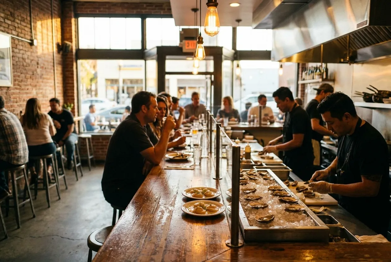 Counter seating at a small Los Angeles seafood restaurant with oysters on ice and pendant lighting during dinner service