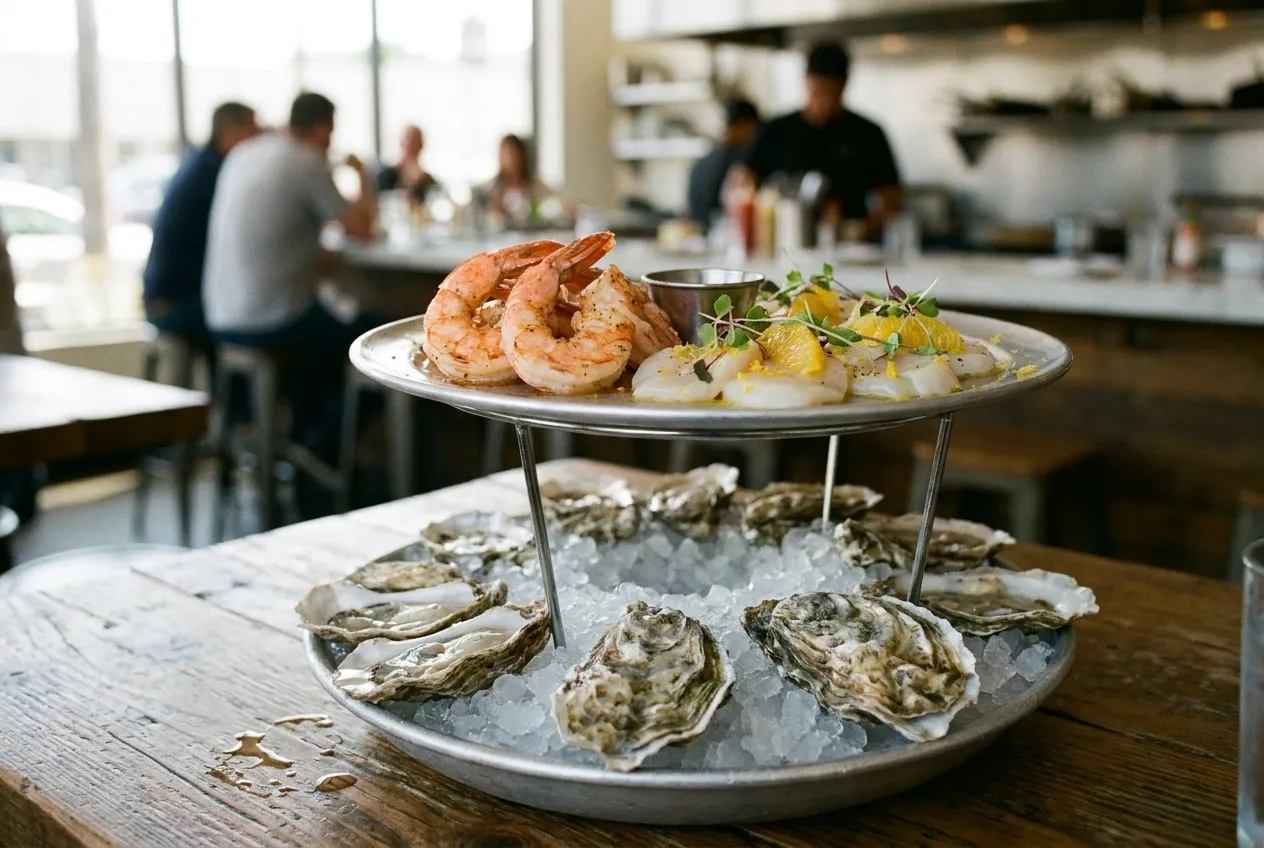 Two-tiered seafood platter with fresh oysters on ice, prawns, and scallop crudo on a restaurant table