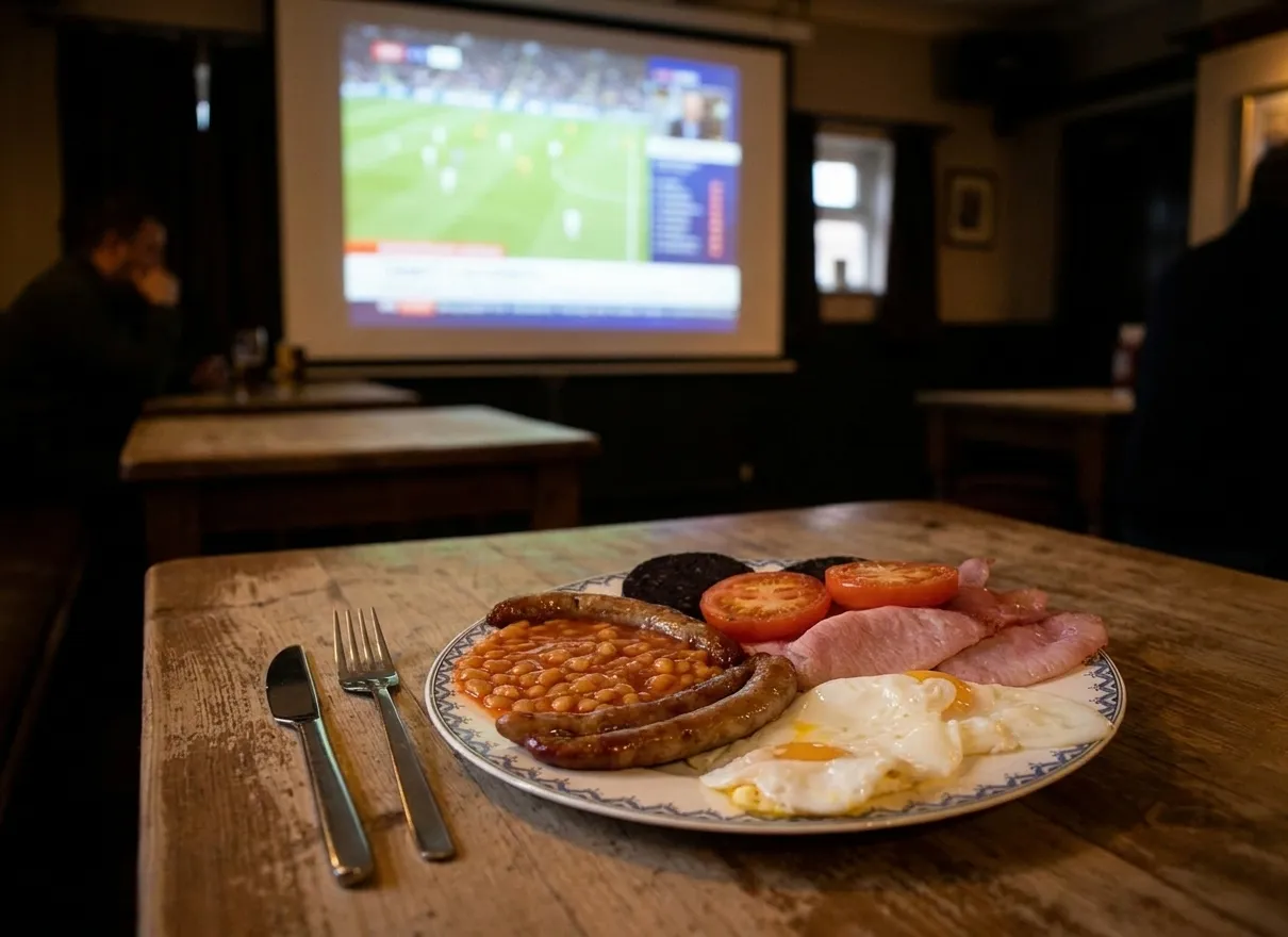 Full English breakfast with bacon, sausage, eggs, beans, and grilled tomato on an oval plate