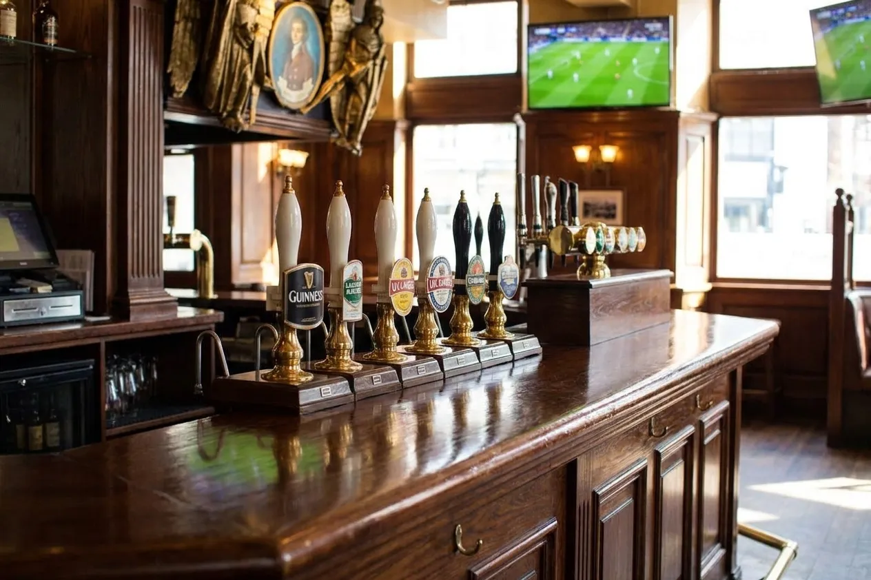 Row of imported beer taps at a British pub bar with Guinness and UK lagers