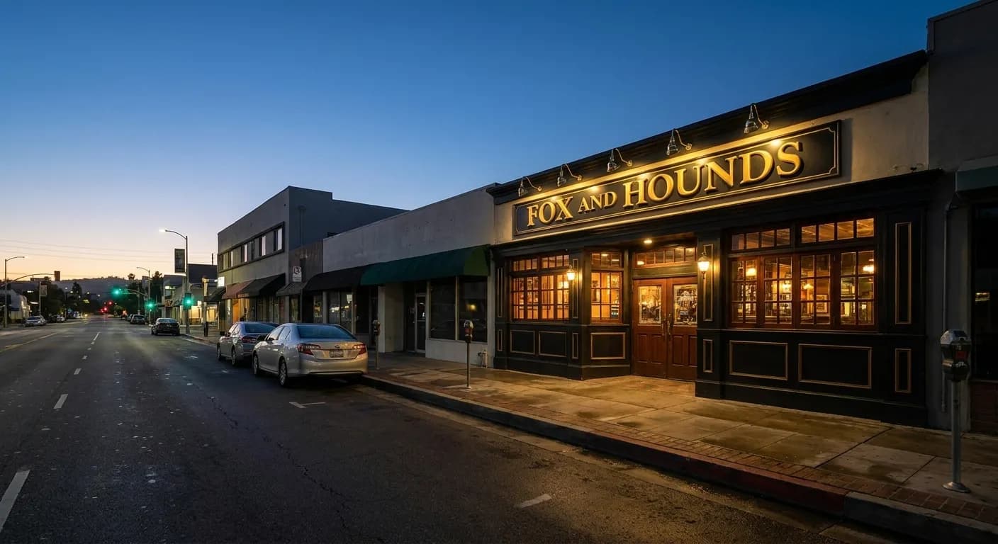 The Fox and Hounds British pub exterior on Ventura Boulevard in Studio City at pre-dawn hours, illuminated storefront with signage visible