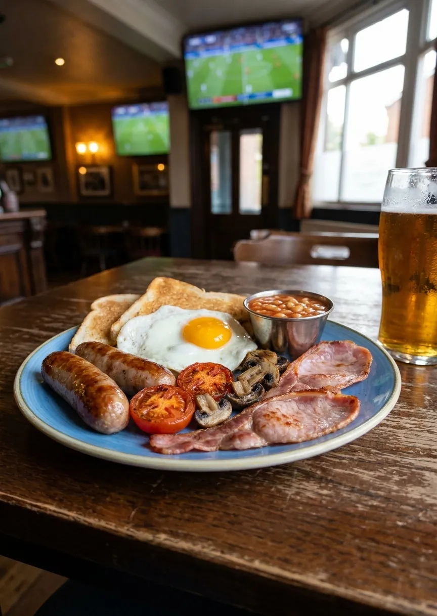 Full English breakfast plate with bangers, bacon rashers, eggs, baked beans, grilled tomatoes, mushrooms and toast on pub table