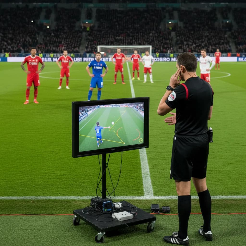 A referee reviews a VAR handball incident on the pitchside monitor