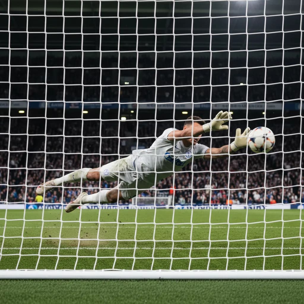 A referee reviews a VAR handball incident on the pitchside monitor