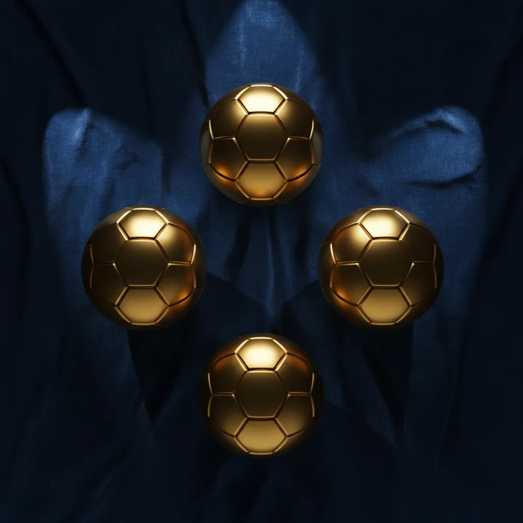 Four golden soccer balls in a diamond formation on dark blue velvet each lit by a spotlight