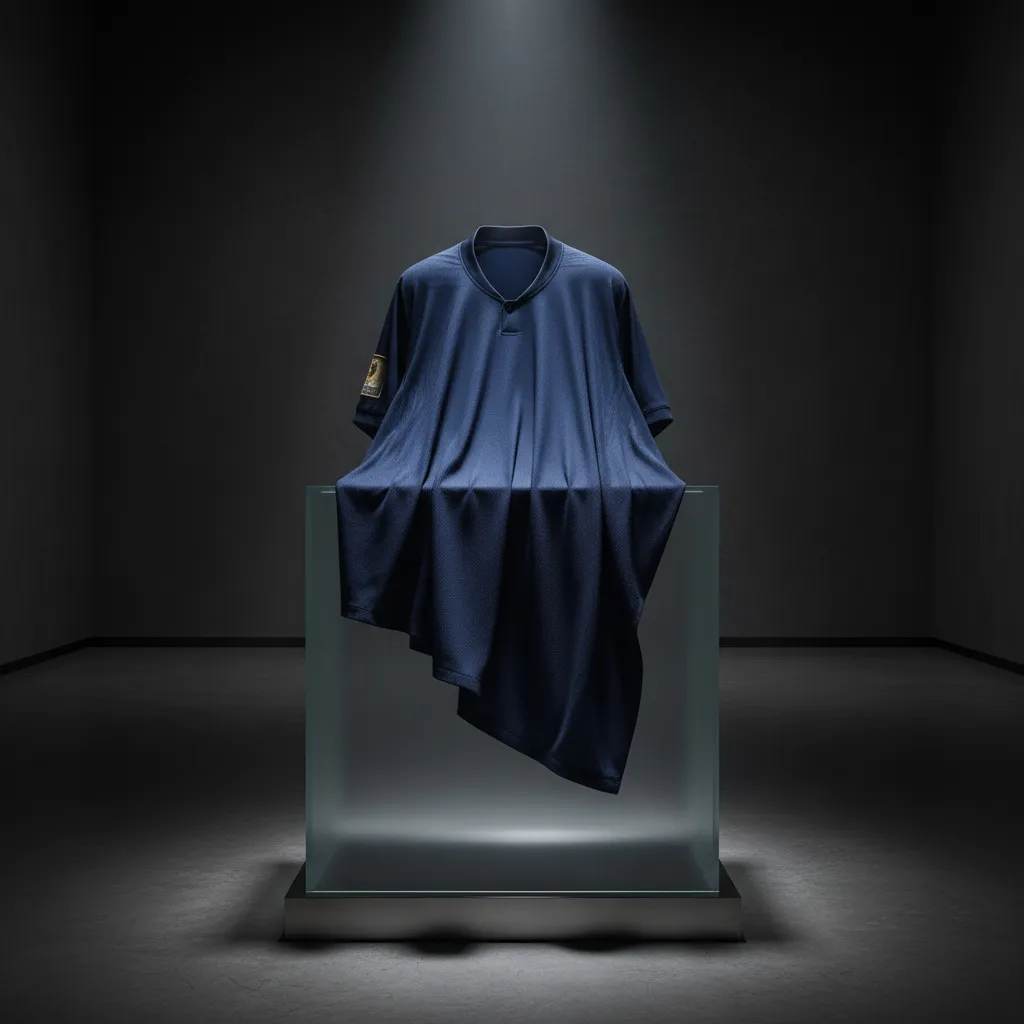 Navy blue jersey spotlit on museum display stand