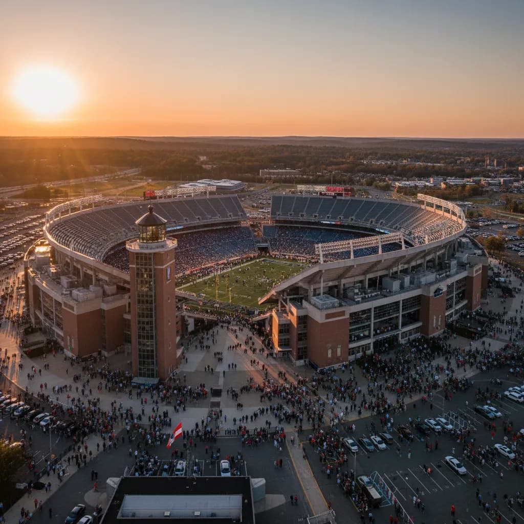 Gillette Stadium in Foxborough glows at sunset as fans stream in for the quarterfinal