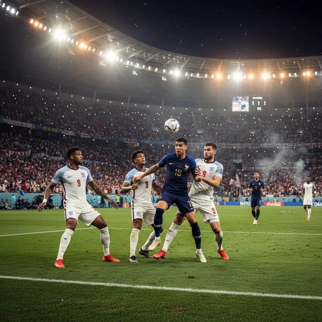 France and England players contesting the ball in a World Cup 2026 quarterfinal