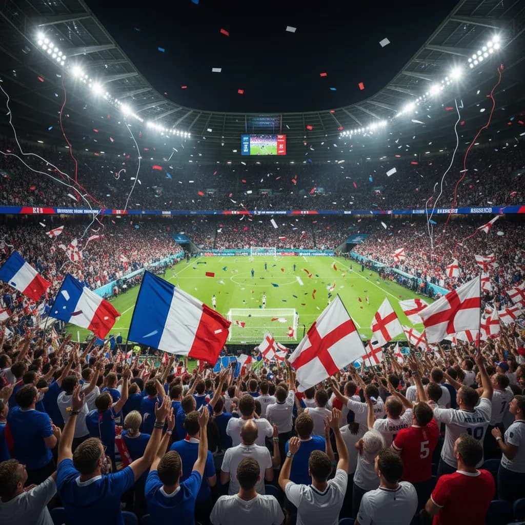 France and England players contesting the ball in a World Cup 2026 quarterfinal