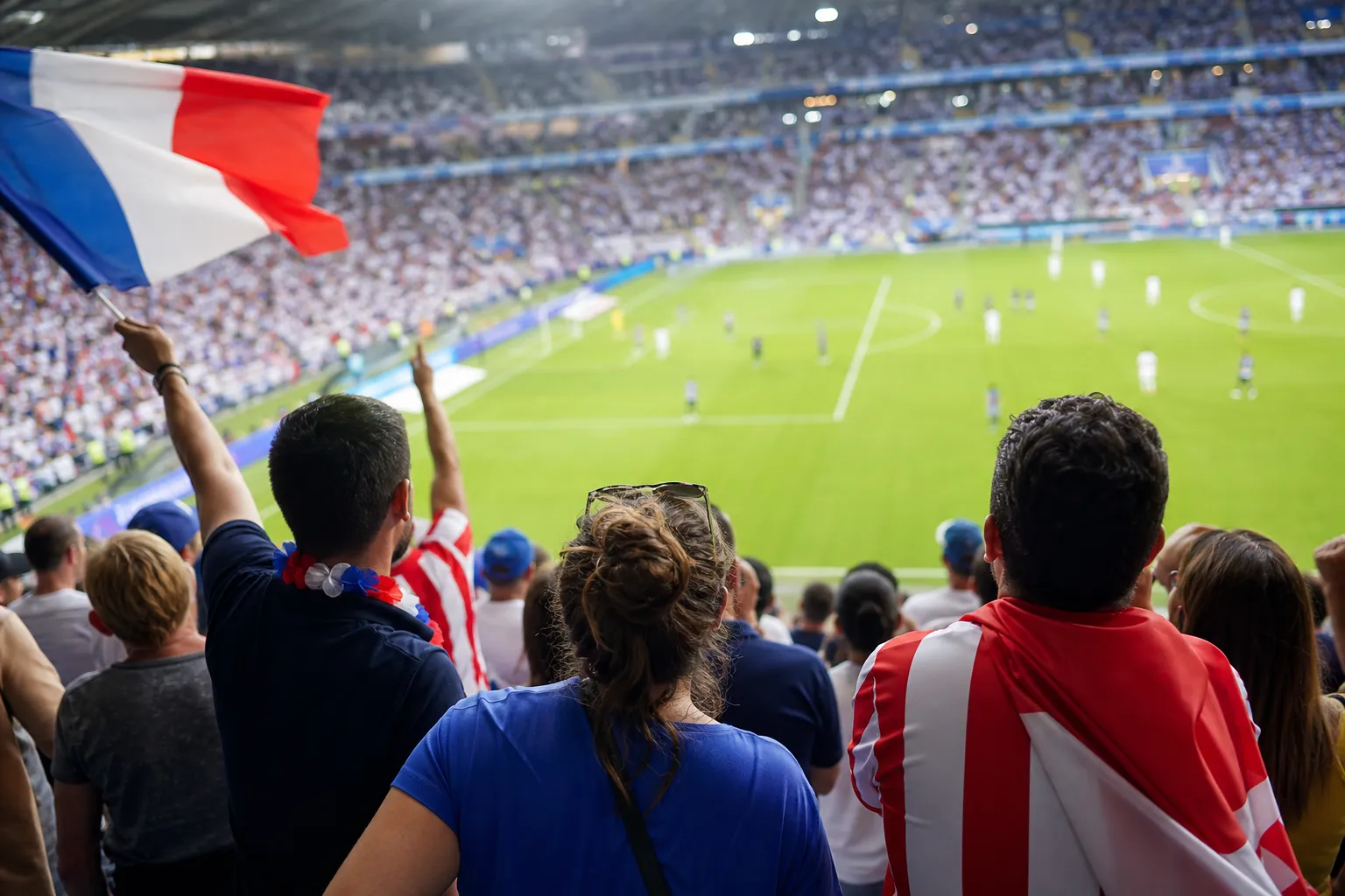 Fans in a bright public viewing space checking France vs Paraguay pregame updates
