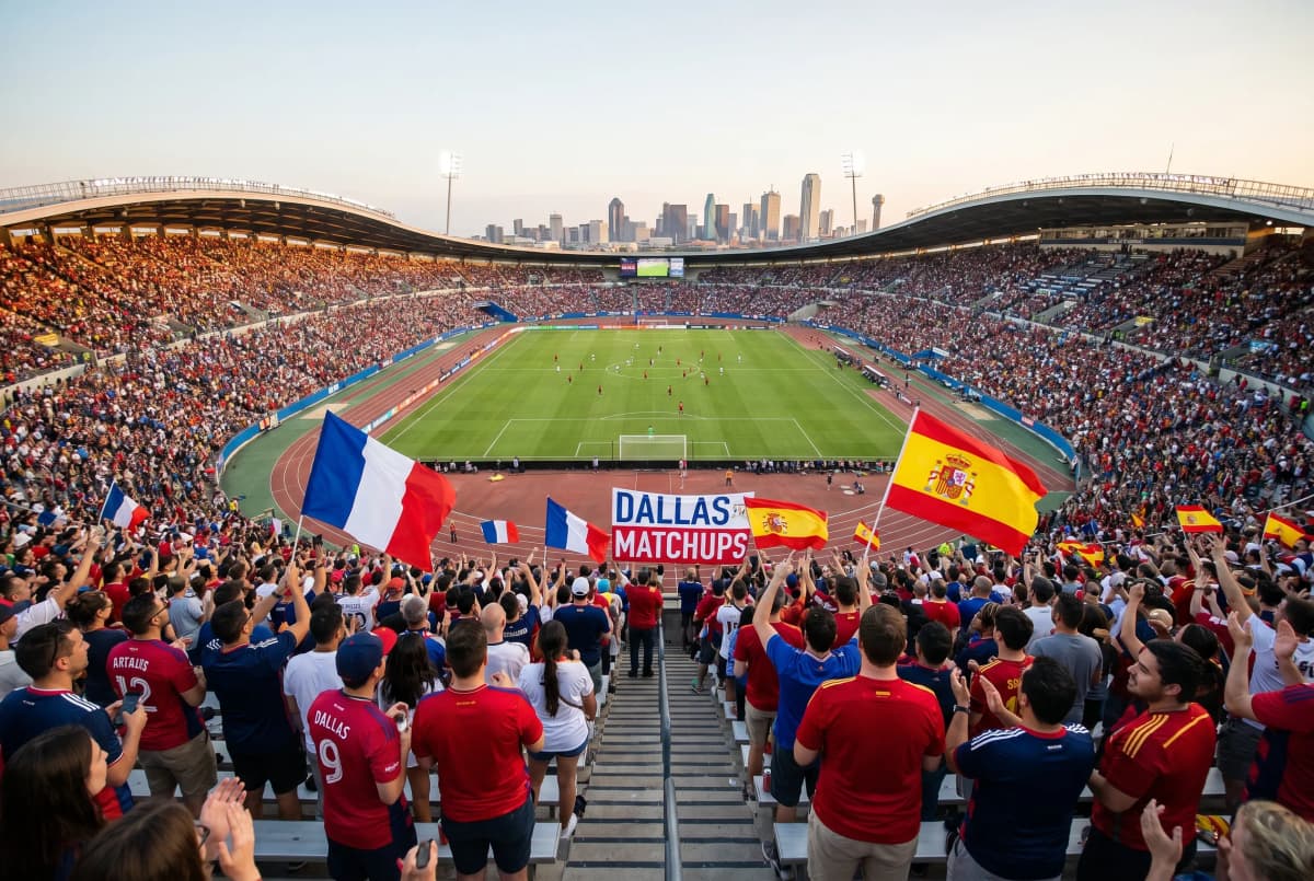 Bright World Cup match-day scene in Dallas · Arlington.