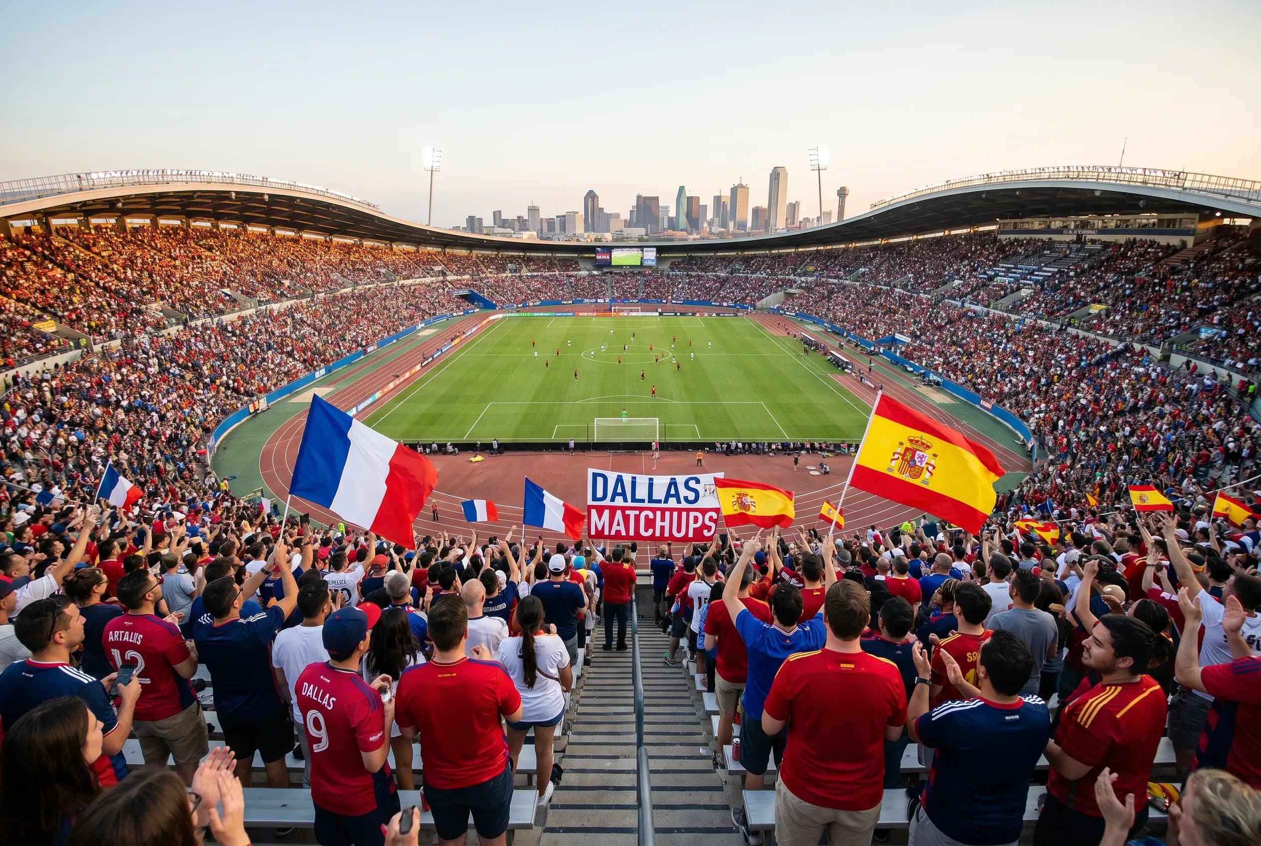 Bright World Cup match-day scene in Dallas · Arlington.