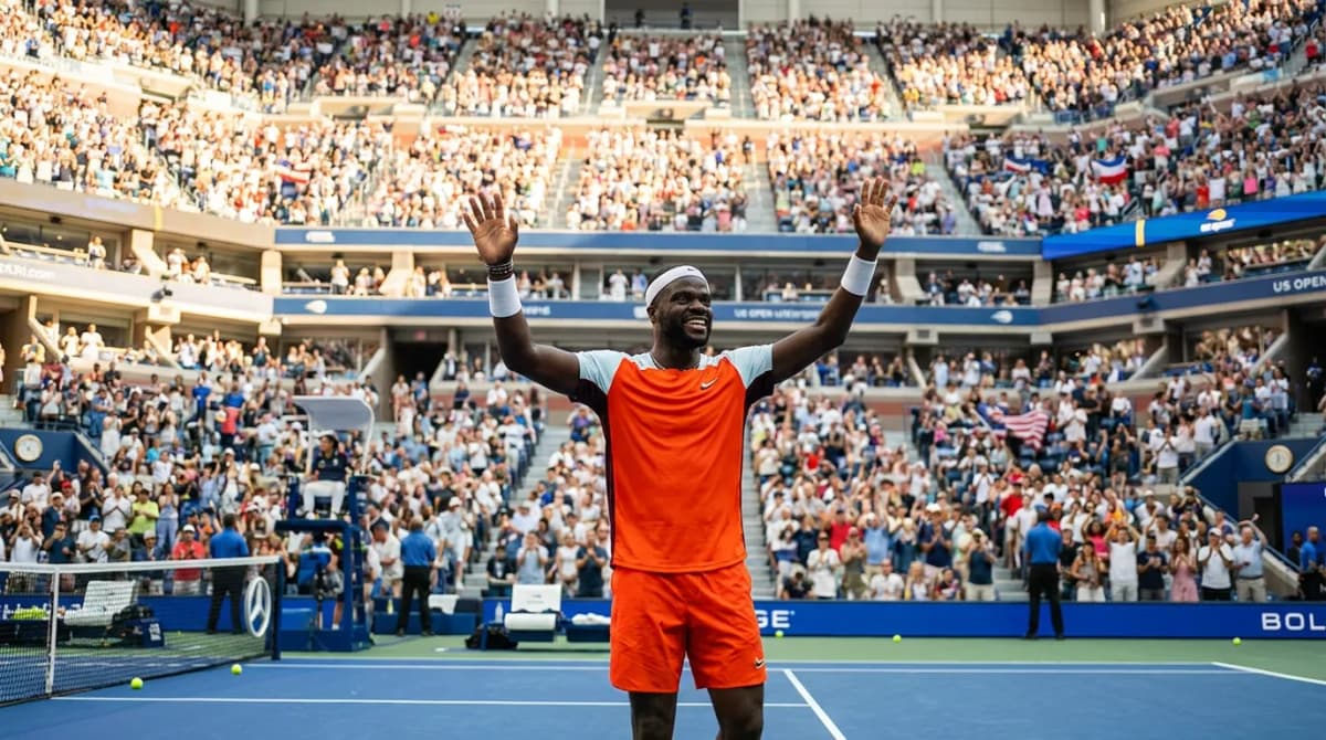 Photorealistic US Open tennis scene for Frances Tiafoe and the Art of Winning New York Crowds.